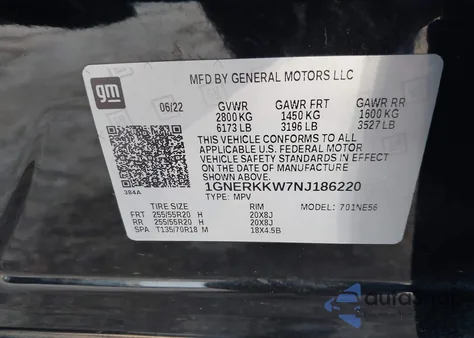 2022 Chevrolet Traverse Fwd Premier из США, поврежденный, VIN 1GNERKKW7NJ186220